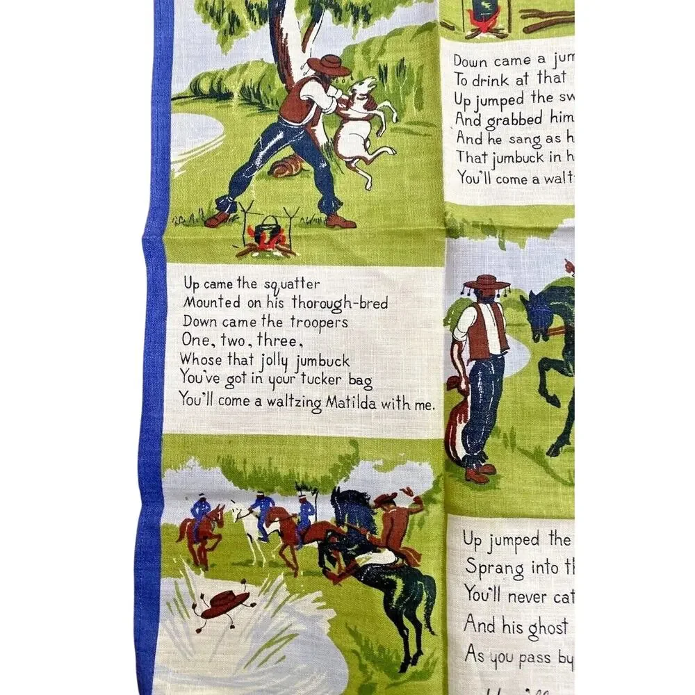 Vintage 100% linen kitchen tea towel Australia souvenir Waltzing Matilda lyrics